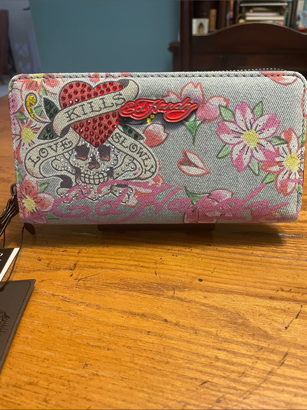 Ed Hardy Floral Skull Zip Wallet in Light Blue and Pink Accents